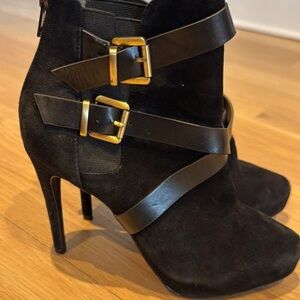 Black Suede High-Heel Ankle Boots with Buckle Straps